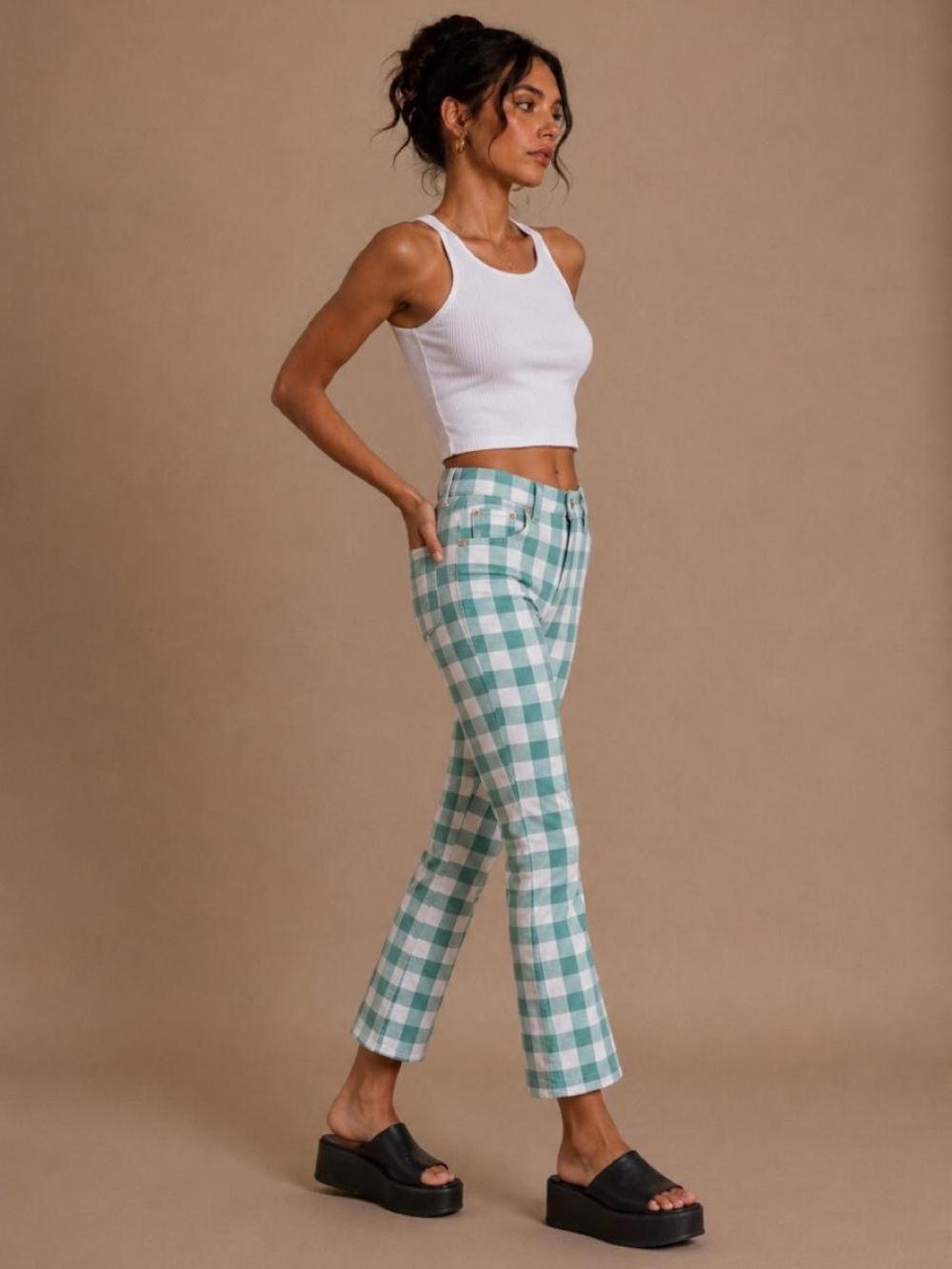 Wrangler Green and White Gingham High-Waist kick flare jeans - Picture 3 of 7